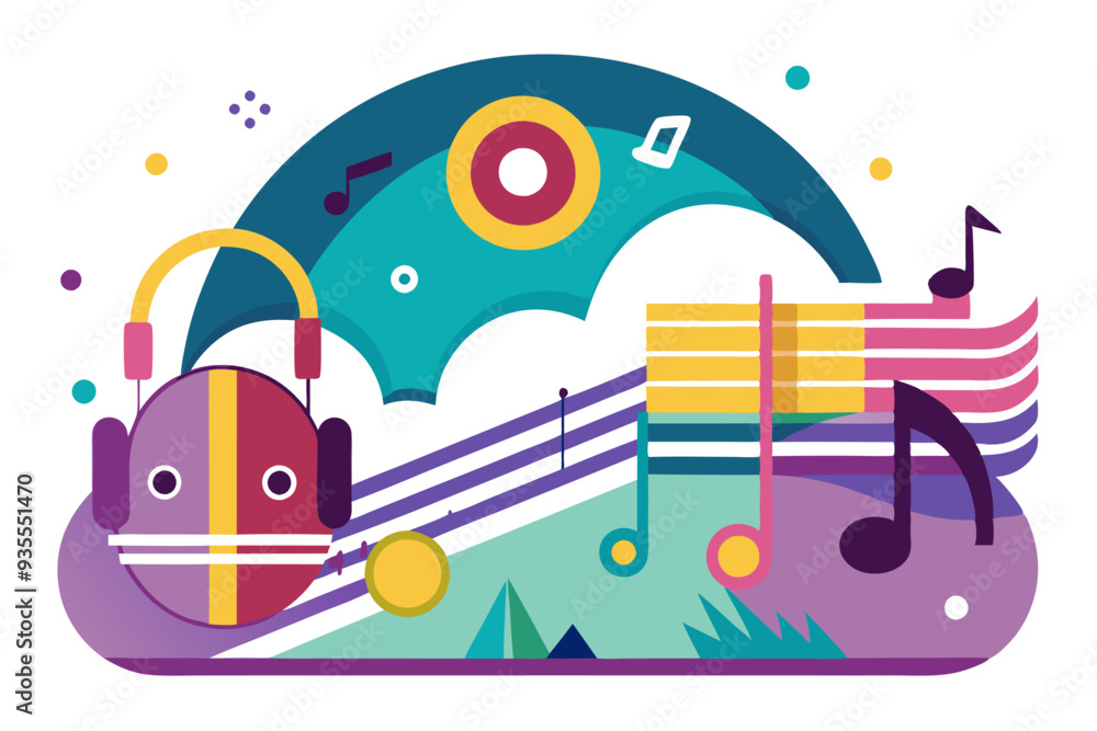 Naklejka premium Abstract Illustration of Music with Headphones and Notes
