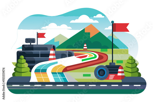 A Colorful Race Track Winding Through a Mountainous Landscape