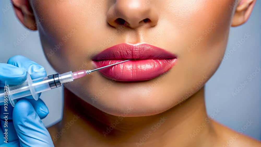 Close-up of sensual lips and syringe in a lip augmentation procedure – highlighting the precision and care in beauty enhancements. Close-up of sensual lips and syringe in a lip augmentation procedure – highlighting the precision and care in beauty enhancements.