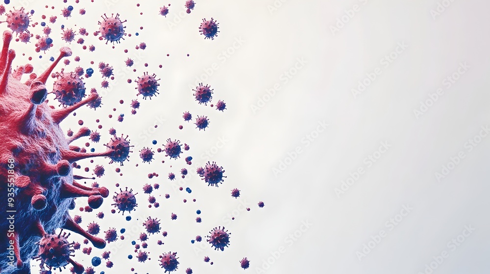 Minimalist and modern of red and blue flu virus particles or molecules floating against a clean and clear background with ample empty space for adding text graphics or copy Minimalist and modern of red and blue flu virus particles or molecules floating against a clean and clear background with ample empty space for adding text graphics or copy
