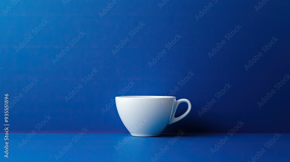 Bright indigo background with a single white coffee cup, centered and softly shadowed Bright indigo background with a single white coffee cup, centered and softly shadowed