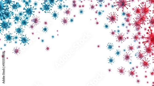 Conceptual of flu virus or COVID 19 pandemic with red and blue virus particles floating on a clean minimalist background with ample space for text or graphic overlays