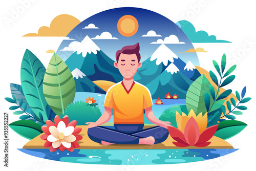 Wallpaper Mural Man meditating in a peaceful natural setting with mountains and a lake Torontodigital.ca