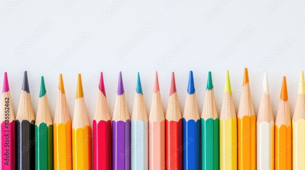 Bright white background with a row of colorful pencils, tips pointing upwards in perfect alignment Bright white background with a row of colorful pencils, tips pointing upwards in perfect alignment