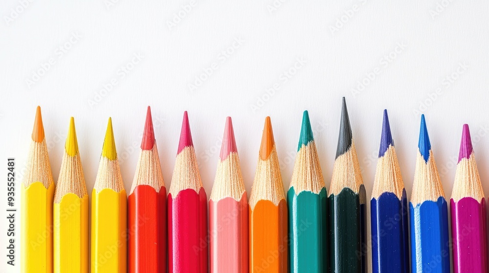 Bright white background with a row of colorful pencils, tips pointing upwards in perfect alignment Bright white background with a row of colorful pencils, tips pointing upwards in perfect alignment