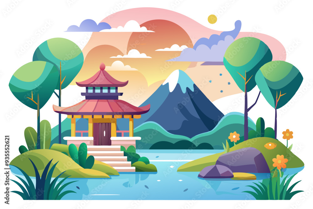 Obraz premium Traditional Asian Pagoda by a Lake with Mountain Background