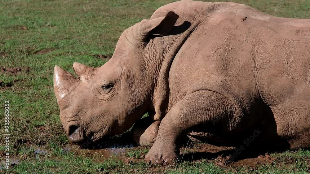 A white Rhinoceros (Ceratotherium simum) is seen resting on the ground in a grassy area, its massive body lying down as it takes a break. 4K. Cabarceno Nature Park. Cantabria, Spain. A white Rhinoceros (Ceratotherium simum) is seen resting on the ground in a grassy area, its massive body lying down as it takes a break. 4K. Cabarceno Nature Park. Cantabria, Spain.