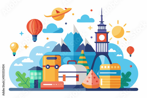 Colorful Illustration of Travel and Adventure with Various Icons