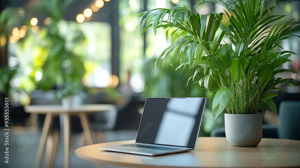 Fototapeta premium Background image of cozy workplace interior with open laptop on table in foreground and green plants in spacious light office copy space : Generative AI
