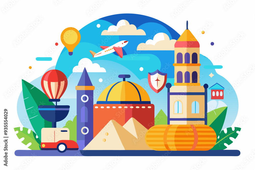 Naklejka premium Colorful Illustration of a Cityscape with Air Travel and Hot Air Balloons