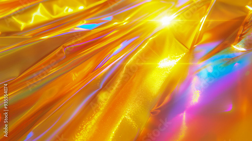 Rainbow abstract prismatic light background with bright holographic colorful tones, creating a stunning visual effect, digital art, fashion design, shiny glossy texture. Background, advertising.