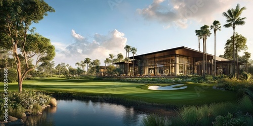 Modern clubhouse with golf course and pond.