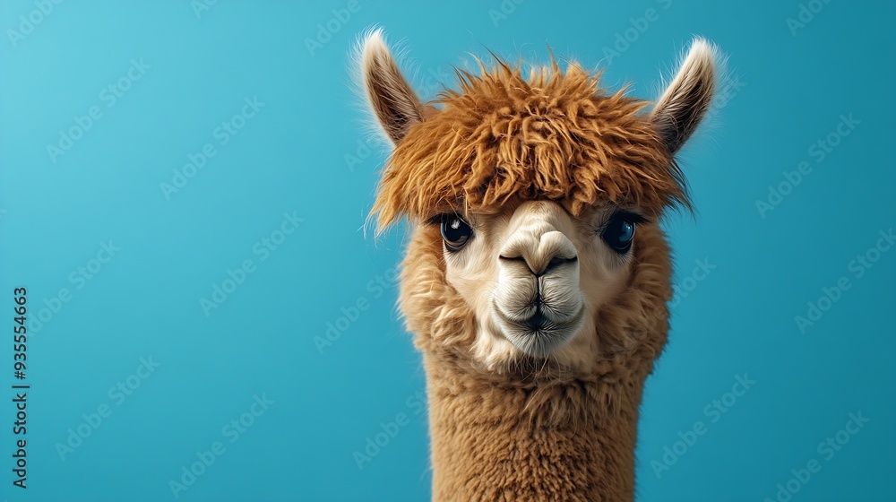 Obraz premium Funny angrylooking alpaca on blue background : Generative AI