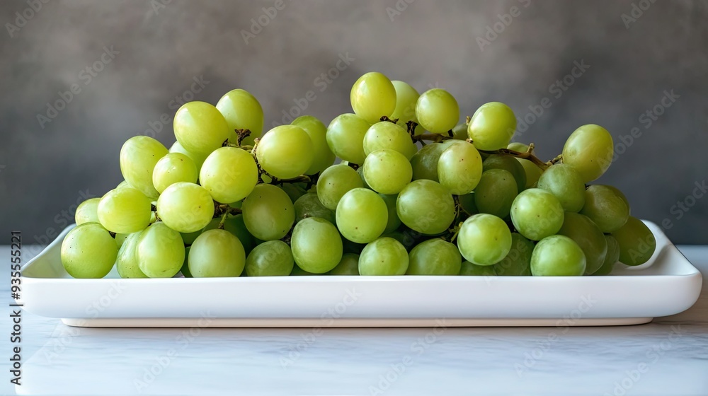Green grapes on white platter, fresh and healthy fruit, simple and elegant presentation Green grapes on white platter, fresh and healthy fruit, simple and elegant presentation