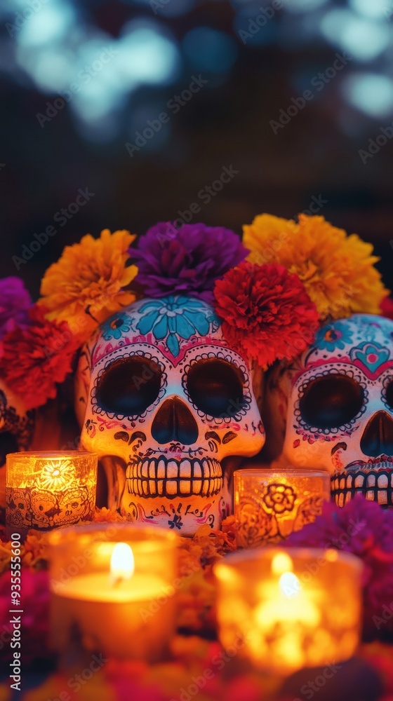 Day of the Dead Remembrance: Vibrant sugar skulls adorned with marigolds and candles illuminate the night, honoring the spirits with love and tradition. Day of the Dead Remembrance: Vibrant sugar skulls adorned with marigolds and candles illuminate the night, honoring the spirits with love and tradition.