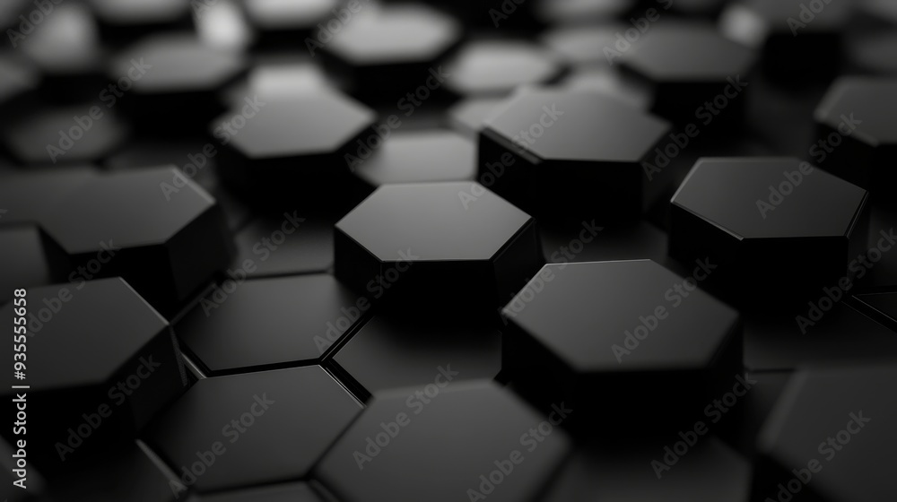 Abstract 3D Render of Black Hexagon Pattern, 3D rendering, geometric shapes, abstract design, black and white Abstract 3D Render of Black Hexagon Pattern, 3D rendering, geometric shapes, abstract design, black and white