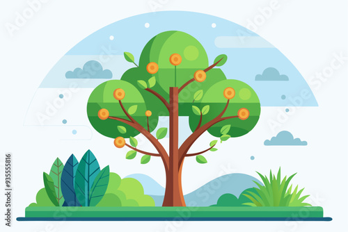 A Vibrant Tree with Orange Fruits in a Sunny Landscape