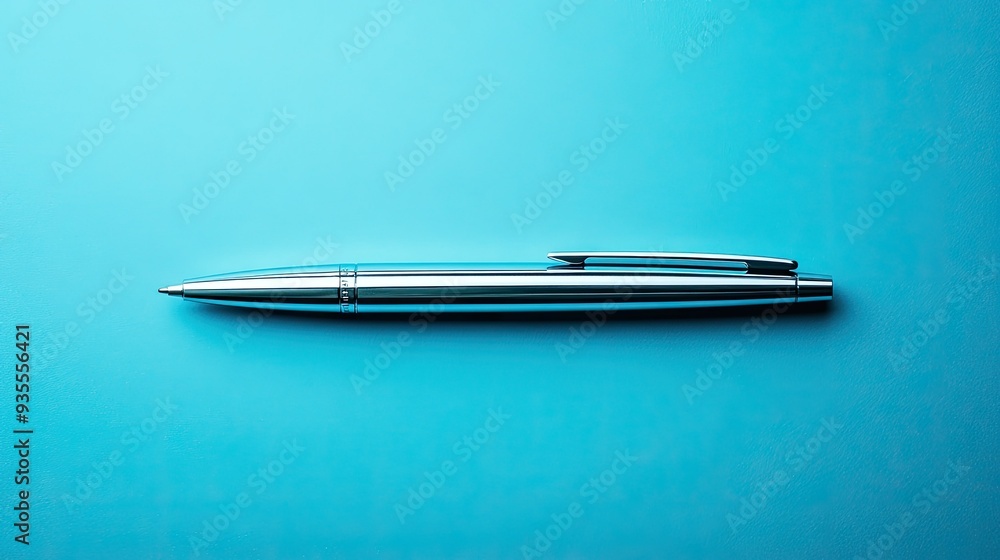 Minimalist blue background featuring a sleek silver pen, placed horizontally and well-lit Minimalist blue background featuring a sleek silver pen, placed horizontally and well-lit