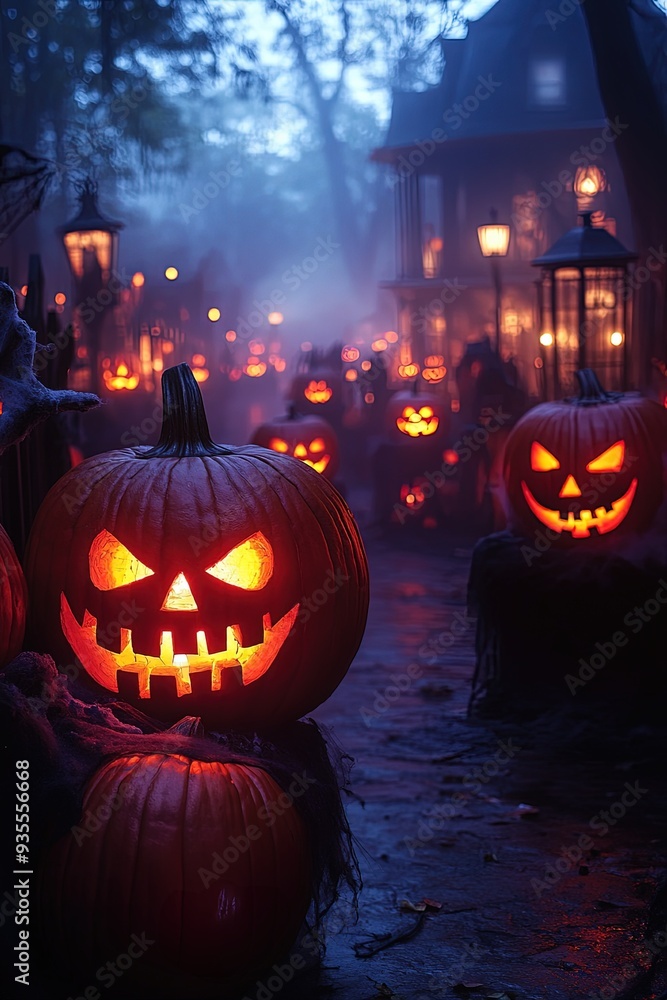 A dark and eerie Halloween night scene with glowing jackolanterns A dark and eerie Halloween night scene with glowing jackolanterns