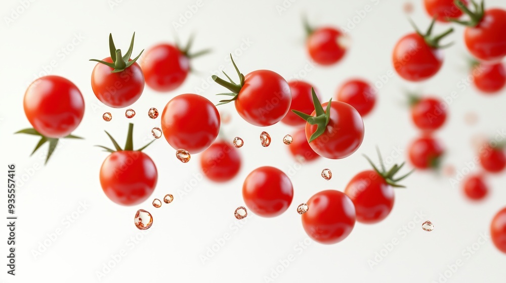 Red cherry tomatoes falling and splashing in the air against a white background. Red cherry tomatoes falling and splashing in the air against a white background.