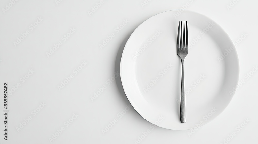 Minimalist white background with a clean plate and a single fork, placed elegantly on one side