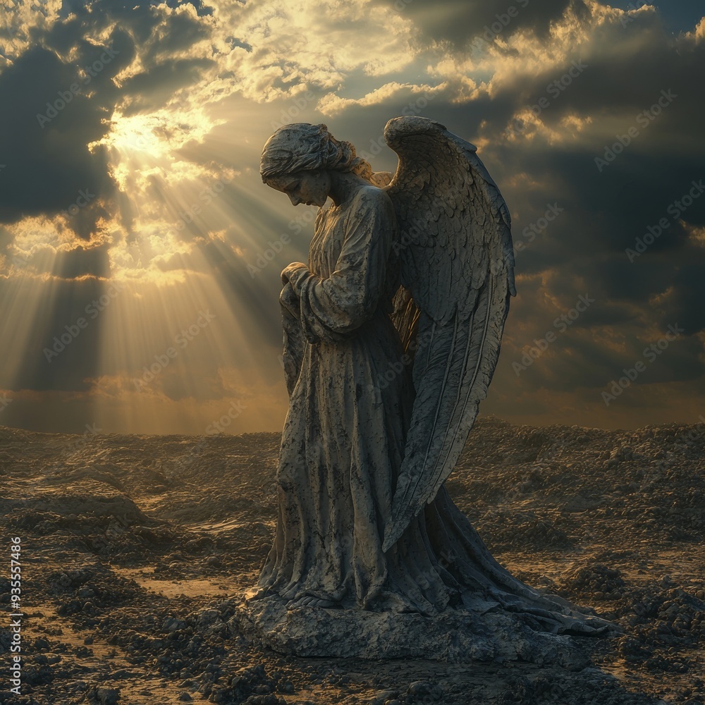 Fototapeta premium A Solemn Angel Resting in a Moody Landscape Under Dramatic Clouds