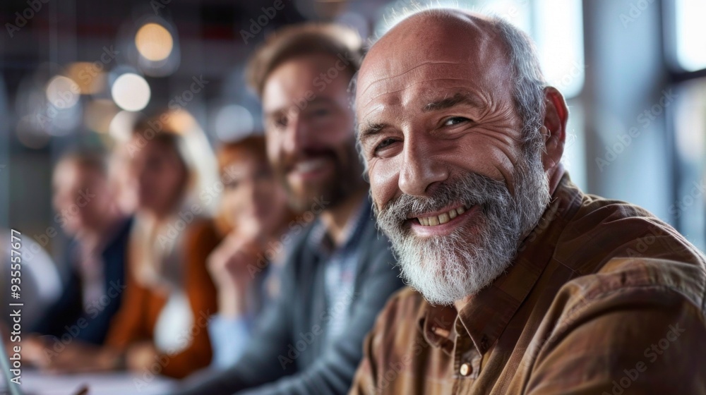 An elderly man with a friendly smile sits at a table, participating in a lively discussion with colleagues in a bright, contemporary office environment An elderly man with a friendly smile sits at a table, participating in a lively discussion with colleagues in a bright, contemporary office environment