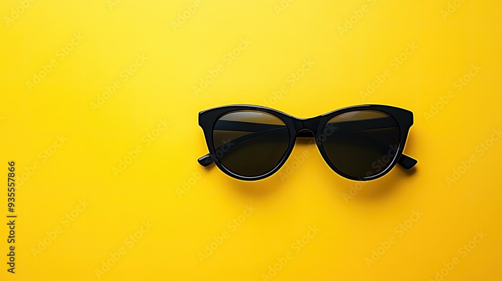 Minimalist yellow background featuring a pair of black sunglasses, perfectly positioned and stylish Minimalist yellow background featuring a pair of black sunglasses, perfectly positioned and stylish