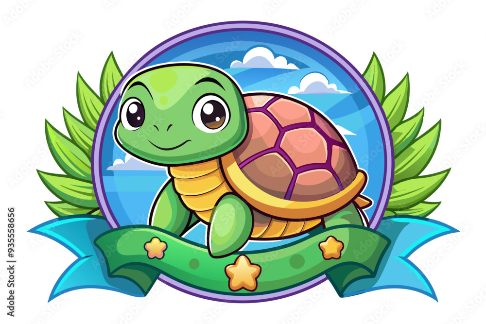 Fototapeta premium Cute Cartoon Turtle with Green Leaves and Blue Ribbon