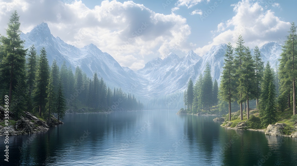 12. Detailed 3D depiction of a serene mountain lake surrounded by pine forests, isolated on a pristine background 12. Detailed 3D depiction of a serene mountain lake surrounded by pine forests, isolated on a pristine background