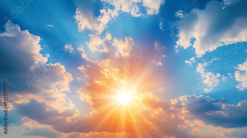 majestic morning colorful sunlight brush in air heavenly light reflected on fluffy clouds in golden time bright sun beams rays over panoramic view in summer gorgeous season freedom n p : Generative AI