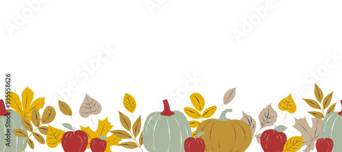 Seamless border with pumpkins, red apples, beige and orange autumn leaves. Vector illustration in modern flat style.