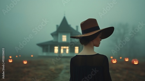 Whimsical Halloween Elegance: Avocadopunk Woman in Hat at Enchanting House photo