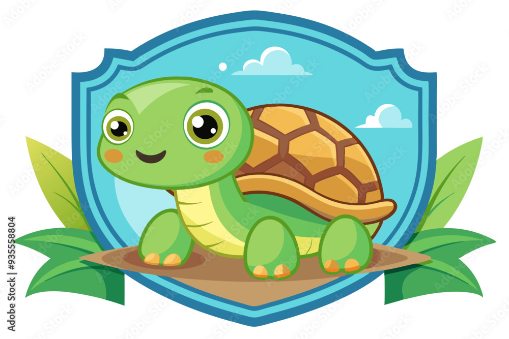 Fototapeta premium Cartoon Turtle in a Blue Shield with Green Leaves