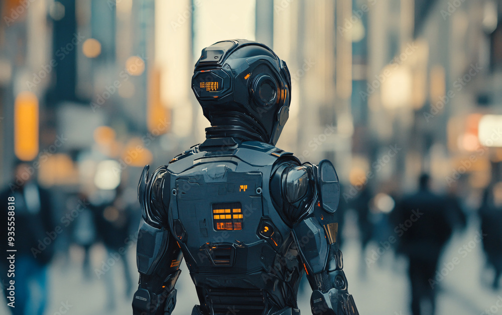 Futuristic black humanoid robot in a crowded cyberpunk city. Rear view of robotic figure with illuminated details. Sci-fi and artificial intelligence concept. Futuristic black humanoid robot in a crowded cyberpunk city. Rear view of robotic figure with illuminated details. Sci-fi and artificial intelligence concept.