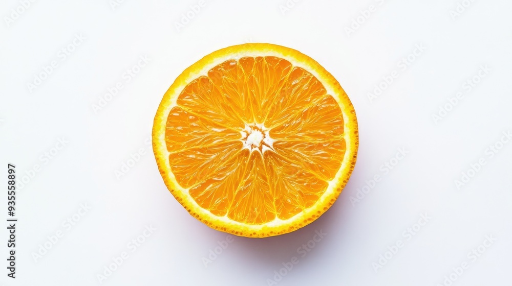 Simple white background with a fresh orange slice, placed perfectly in the center Simple white background with a fresh orange slice, placed perfectly in the center