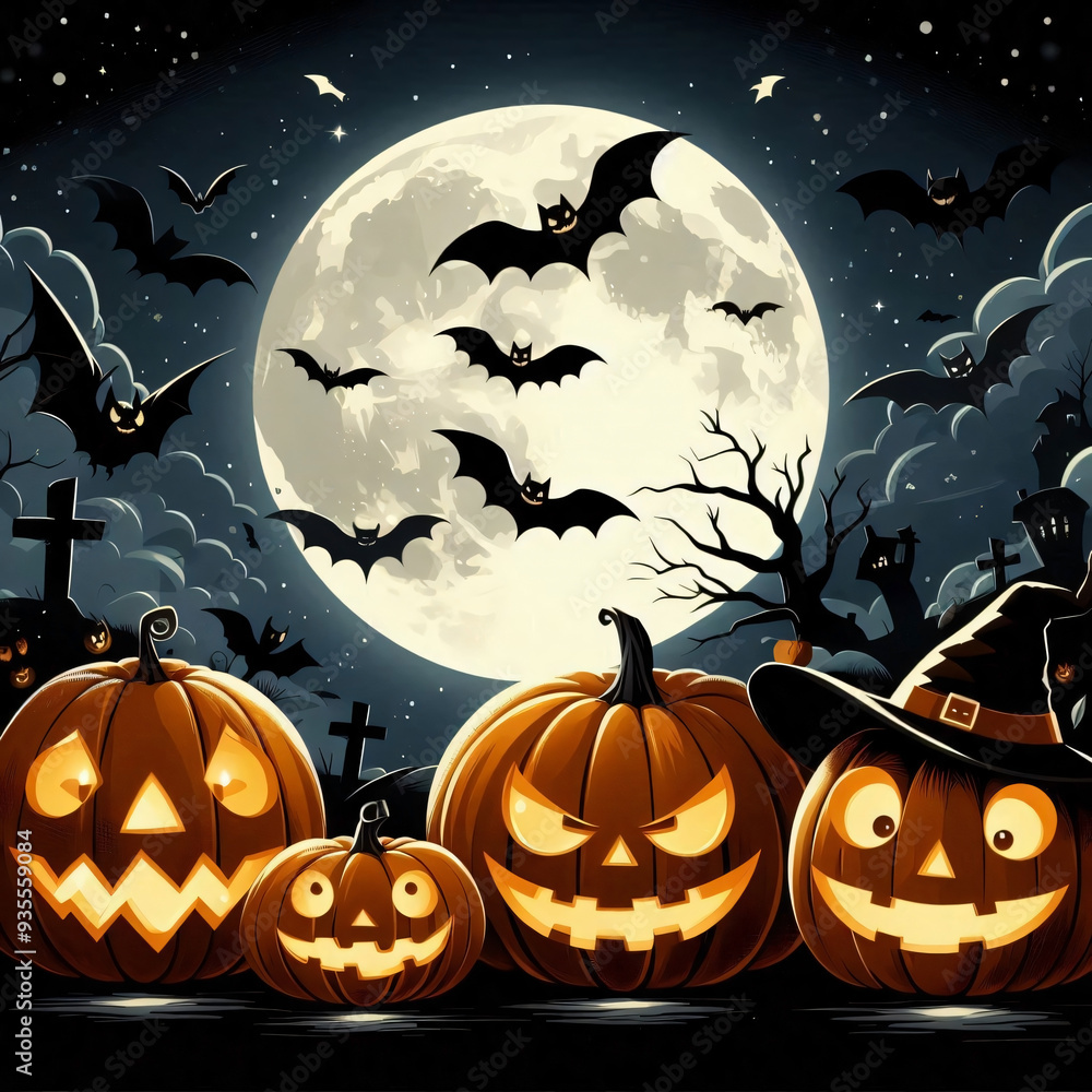 Fototapeta premium Halloween spooky full moon night with pumpkins and flying bats