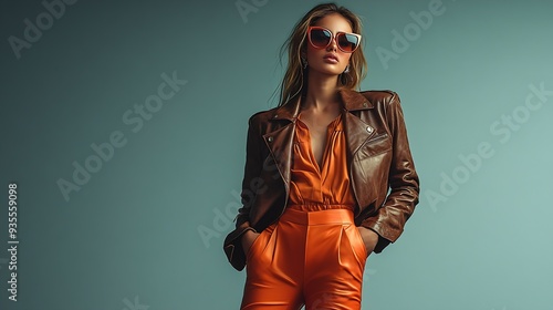 Stylish sunglasses Haute couture collection Beautiful fashion model girl posing in a designer brown leather jacket blouse and orange wide leg pants Studio shot on a gray background : Generative AI