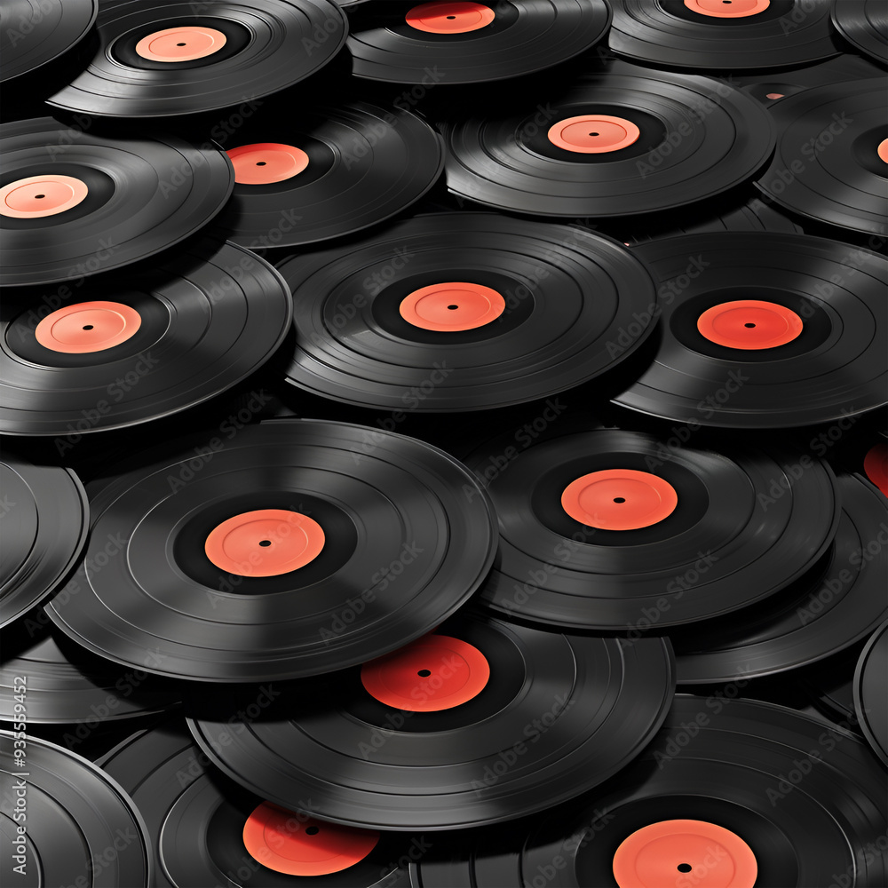 Vinyl record in front of a collection of albums, vintage process. Copy space for text. Vinyl record in front of a collection of albums, vintage process. Copy space for text.