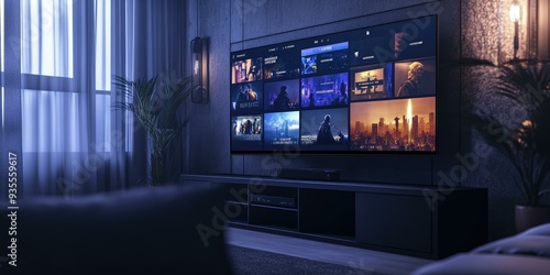 A large TV with streaming service content, in a dimly
