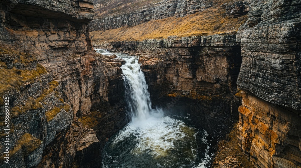 Fototapeta premium Waterfall cascading into a deep gorge with layers of rock and a powerful stream below