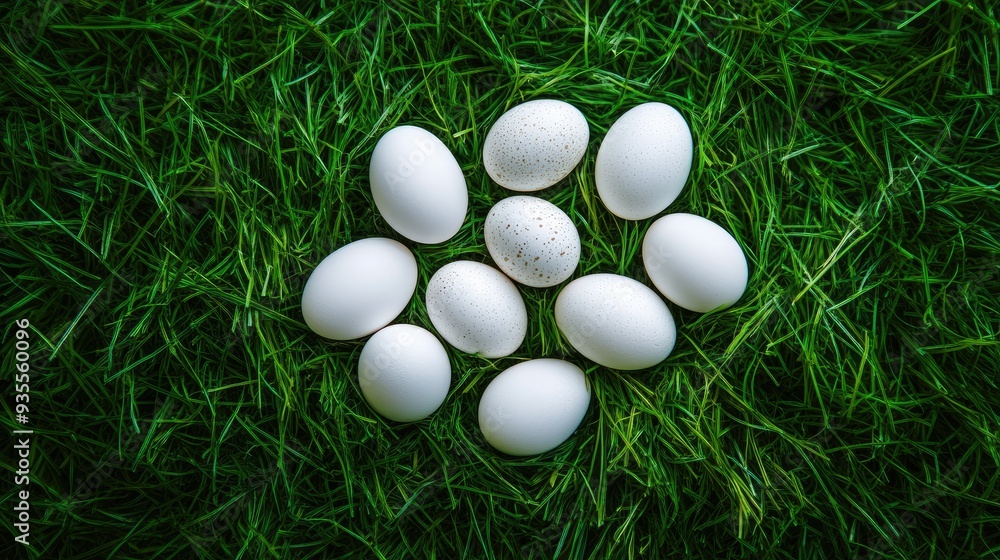 White eggs on green grass, Easter theme, holiday decoration, springtime, natural colors White eggs on green grass, Easter theme, holiday decoration, springtime, natural colors