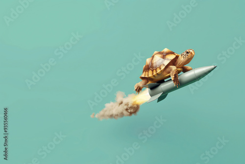 Tapety artystyczne Turtle riding rocket, surreal speed concept
