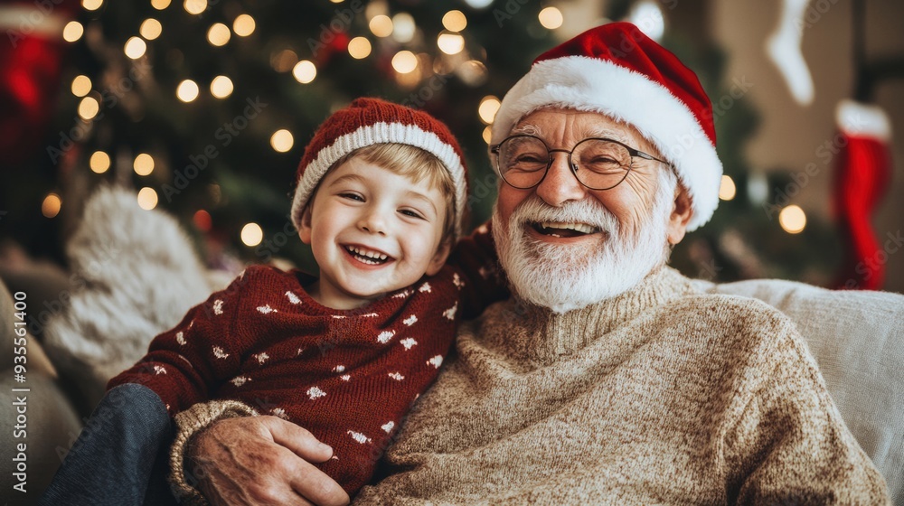 A man and a child sitting on the couch in front of christmas decorations, AI A man and a child sitting on the couch in front of christmas decorations, AI