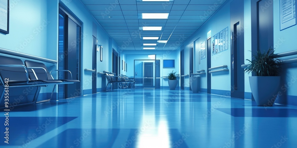Empty hospital corridor with blue walls and shiny floor. Empty hospital corridor with blue walls and shiny floor.