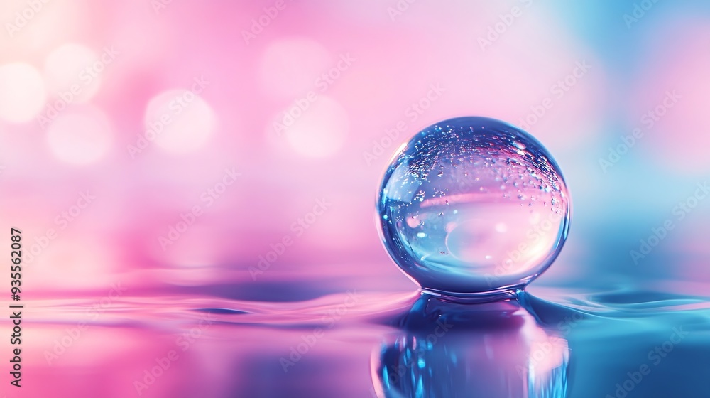 Beautiful clean transparent bright drop of water on smooth surface in blue and pink colors macro Creative image of beauty of environment and nature : Generative AI Beautiful clean transparent bright drop of water on smooth surface in blue and pink colors macro Creative image of beauty of environment and nature : Generative AI