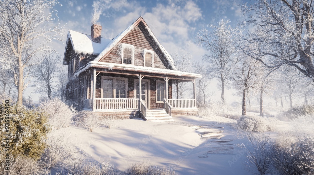 Fototapeta premium A small house in a snowy forest with trees and snow, AI