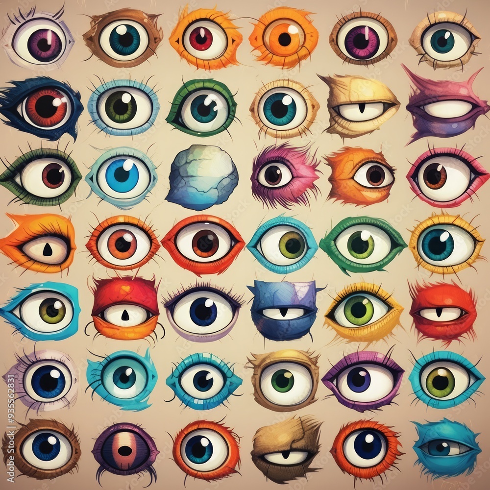 Fototapeta premium Mystical Multicolor Eye pattern. Different fantastic circle shape eyes.