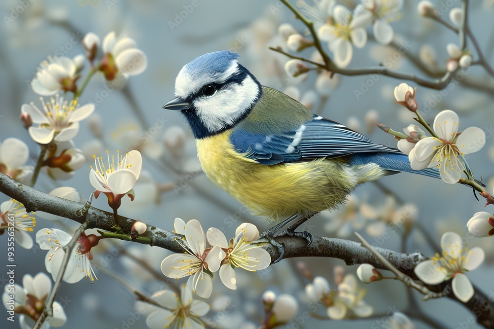 Small blue tit perched on a branch, singing sweetly in the garden Small blue tit perched on a branch, singing sweetly in the garden