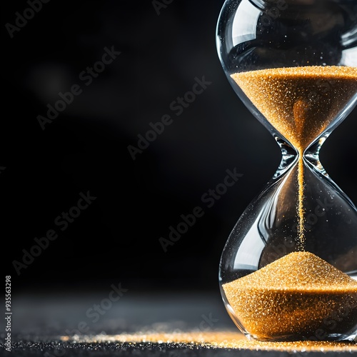 Close-up of a classic hourglass with fine sand gracefully flowing through the narrow center, symbolizing the passage of time photo